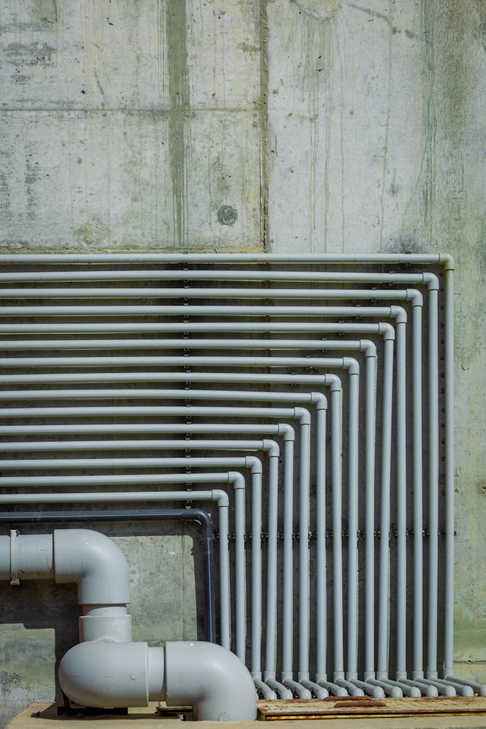 Close-up of industrial pipes against a textured concrete wall highlighting urban architecture.